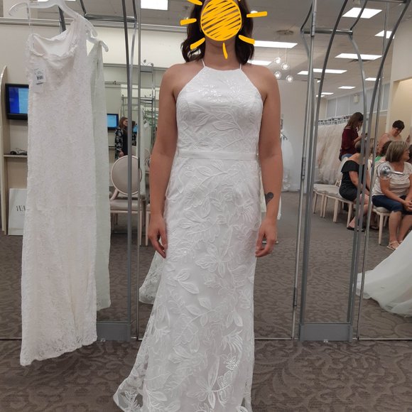 Sequin Leaf-Appliqued High Neck Sheath Gown - Picture 7 of 9